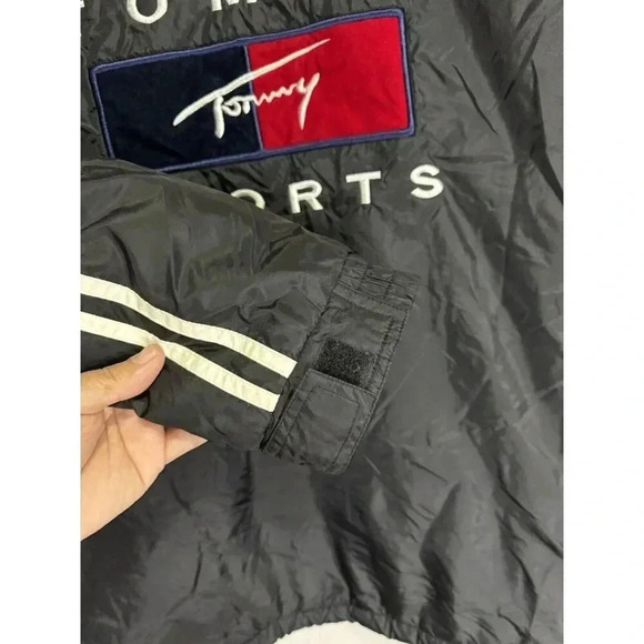 VTG TOMMY HILFIGER Mens Black Nylon Jacket Fleece Lined Medium Spellout Y2k READ - Picture 14 of 15